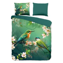 Pure Dekbedovertrek "bloemen En Vogels" - Groen - (240x200/220 Cm) - Microfiber